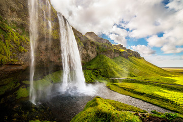 Fototapeta premium View of Seljalandsfoss one of most stunning waterfalls in Iceland