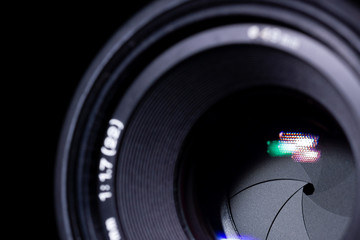 Lens aperture low light photo. closeup. Aperture blades is clean and dark. Stock photo isolated on...