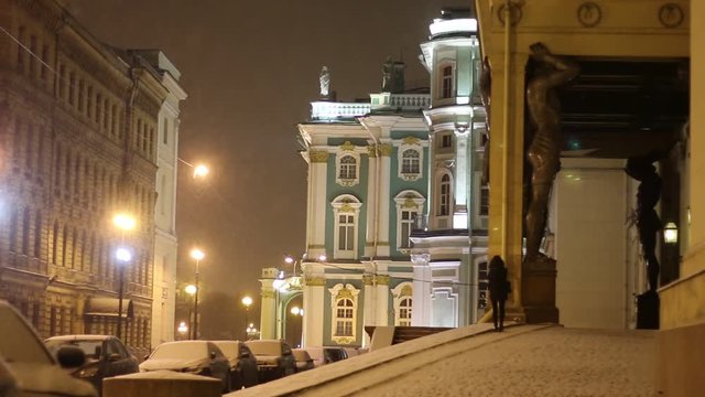 State Hermitage Museum buildings at night in winter.