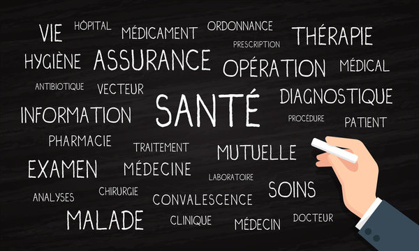 Sant&eacute;, m&eacute;dical, mutuelle - nuage de mots - craie et tableau noir