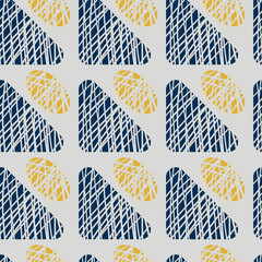 Textured geometrical shapes seamless vector pattern with yellow ovals, midnight blue triangles on grey background for textile, wallpaper, packaging, scrapbooking projects, home decor, accessories.