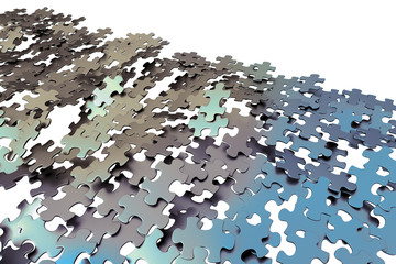 Multiple puzzle pieces with metal texture falling. 