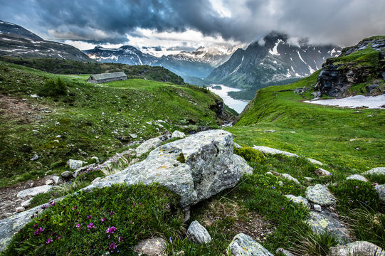 An ancient stable above Devero Lake, built in traditional alpine-style, inside Parco Naturale Veglia Devero. Ossola, Italy.