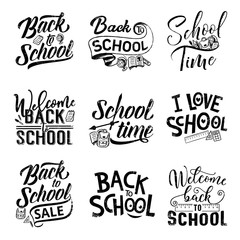 Fototapeta premium Back to school lettering with student supples