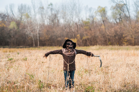 Boy poses in scarecrow halloween costume in field