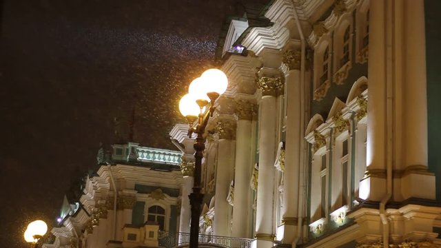 State Hermitage Museum buildings at night in winter.