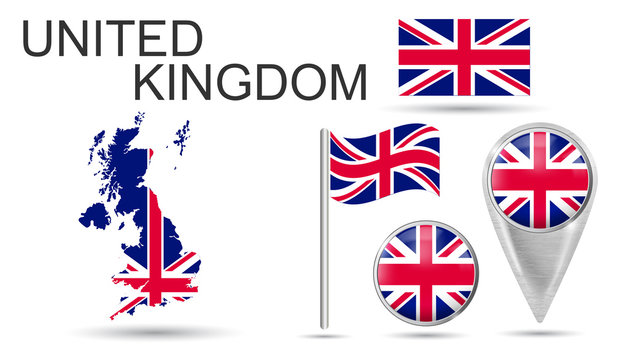 UNITED KINGDOM. UK Flag Collection. Colorful flag, map pointer and map of GREAT BRITAIN. in the colors of the national flag. Vector illustration of collection of national symbols on various objects