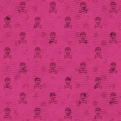 Seamless abstract pattern of skulls. Texture in red and black colors.