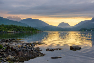 sunset colors over the fjord on Senya island in Norway