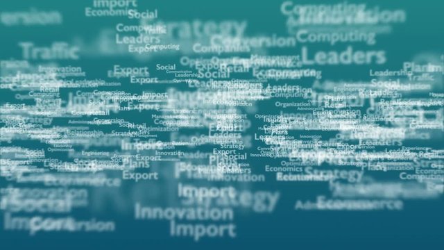 Business. Video the business. The business word on a light blue background with different words, which deal with business. Close up. Copy space. 3D. Video 4K.