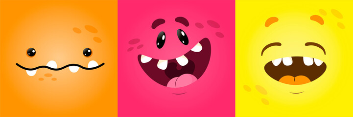 Vector funny moster square monster faces with different emotions, smiles, emoticon set for messenger, sticker, social media, animation, comic, newsletter, poster, banner, logo, icon, avatar. © Anna