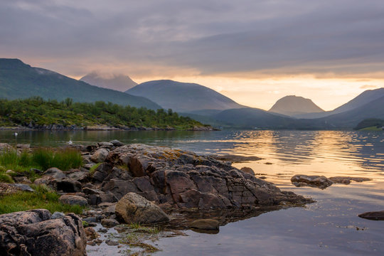 sunset colors over the fjord on Senya island in Norway