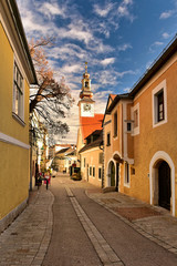 Pfarrgasse street of historical town centre during Christmas time. Town of Moedling, Lower Austria.