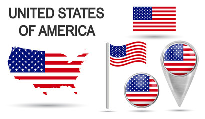 UNITED STATES OF AMERICA. USA Flag Collection. Colorful flag, map pointer and map of USA in the colors of the national flag. Vector illustration of collection of national symbols on various objects