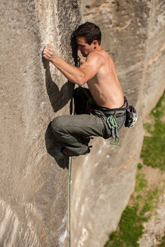 Lucas Iribarren climbs a 7a+ route in Balmanolesca, the most historical granite crag in Ossola, Italy.