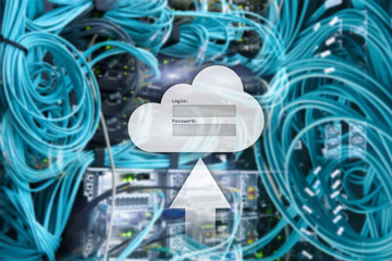 Cloud storage, data access, login and password request window on server room background. Internet...
