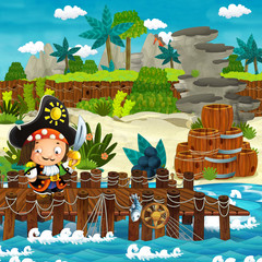 cartoon scene with beach shore with wooden traditional barrels and cannon balls on some tropical island - illustration for children