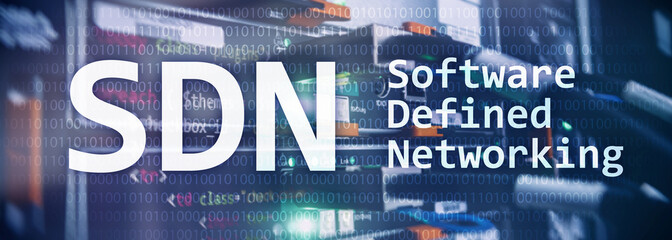 SDN, Software defined networking concept on modern server room background
