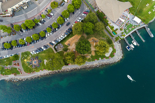 Ascona promenade on Lake Maggiore seen from above, Locarno, Canton Ticino, Switzerland