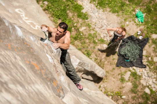Lucas Iribarren climbs a 7a+ route in Balmanolesca, the most historical granite crag in Ossola, Italy.