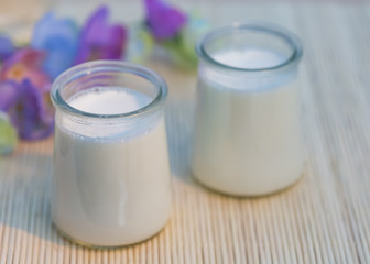 Glass of milk yogurt. Homemade milk yogurt in jars in an orchard in summertime. Evening light. Flowers. Blurry background. Soft focus. Closeup. Copy space.