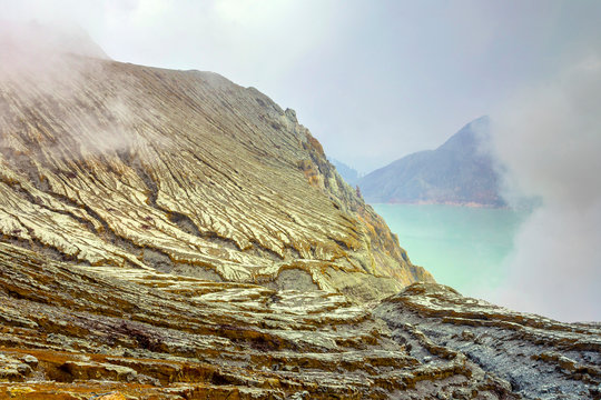 Kawa Ijen volcano's crater and lake, Java, Indonesia