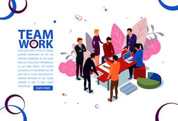 Team work concept. Business management and administration. People characters, on business building.  Flat isometric infographics or banner. Illustration with text place isolated on white.
