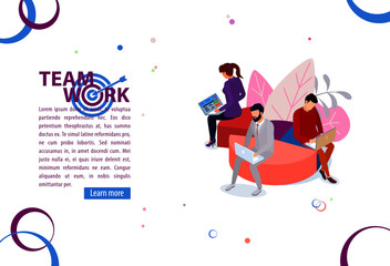 Team work concept. Business management and administration. People characters, on business building.  Flat isometric infographics or banner. Illustration with text place isolated on white.