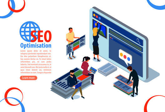 Seo optimization with Pay per click Website concept. People characters, team work on web images.  Flat isometric infographics or banner. Illustration with text place
