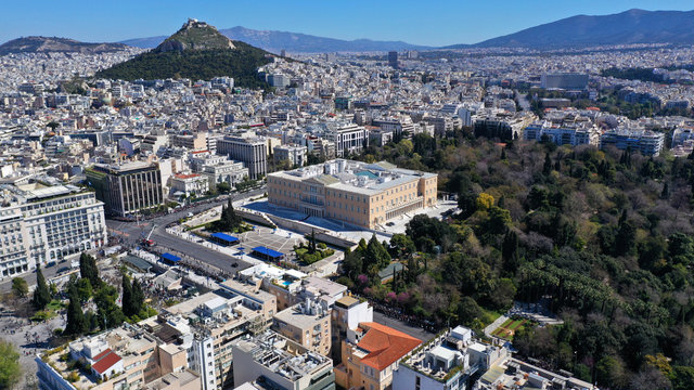 Aerial drone photo of Greek Parliament in Syntagma square during annual parade of Greek independence day on March 25, Athens, Attica, Greece