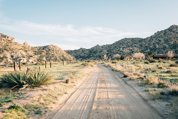 Dirt road and desert landscape in Pioneertown, California