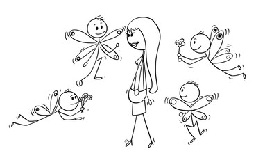 Cartoon stick figure drawing conceptual illustration of attractive beautiful young woman and group of loving swains flying around her like butterflies.