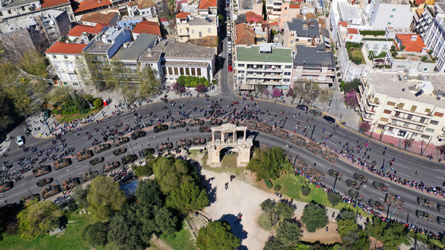 Aerial drone photo of military tanks stoped in Hadrian Arch during anual parade of Greek independence day on March 25, Athens, Attica, Greece