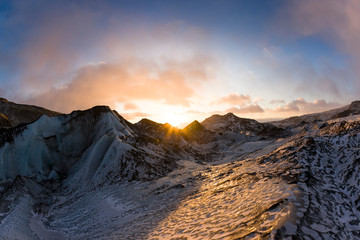 Sunset over Solheimajokull glacier, Iceland