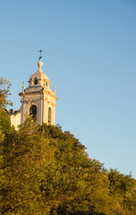church tower at sunset