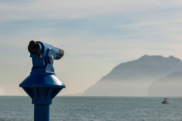 Background of a blue panoramic touristic telescope overlooking the Mediterranean sea