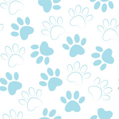 Fototapeta na wymiar Paw blue print seamless. Vector illustration animal paw track pattern. backdrop with silhouettes of cat or dog footprint.