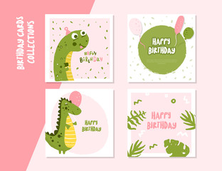 Happy Birthday square card set with cute dino character. Kids event invitation