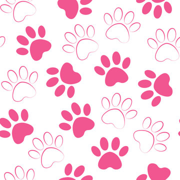Paw crimson print seamless. Vector pink illustration animal paw track pattern. backdrop with silhouettes of cat or dog footprint.