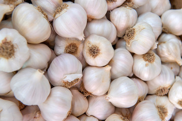 White garlic pile texture. Fresh garlic on market table closeup photo. Vitamin healthy food spice...