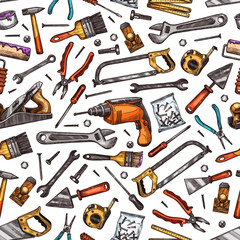 Home repair work tools sketch seamless pattern