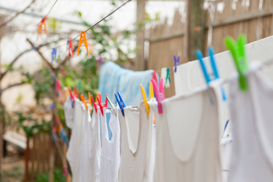Clothes hang to dry at a home in Ezuz, Israel.