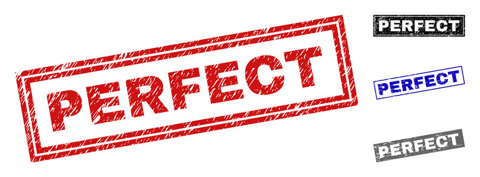 Grunge PERFECT rectangle stamp seals isolated on a white background. Rectangular seals with grunge texture in red, blue, black and grey colors.
