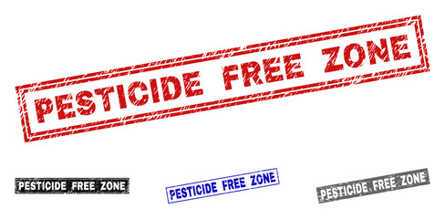 Grunge PESTICIDE FREE ZONE rectangle stamp seals isolated on a white background. Rectangular seals with grunge texture in red, blue, black and gray colors.