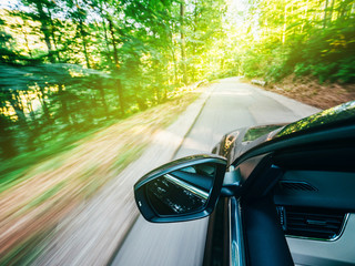 Horizontal view of new modern car driving fast into forest with tall trees and empty mountain...