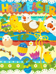 cartoon scene with easter scene with chickens and eggs - happy easter card - illustration for children