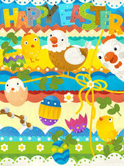 Fototapeta premium cartoon scene with easter scene with chickens and eggs - happy easter card - illustration for children