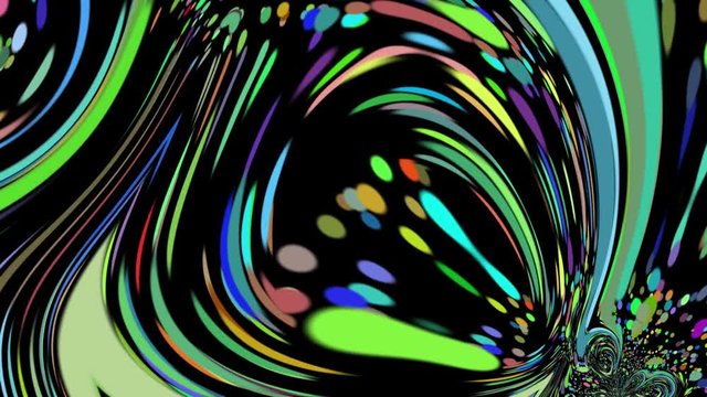 Multiple Twisted distortion Dots Background Animation. Extremly distorted Dots Animation. The Colorful circles twirling over black background. ZOOM IN HD