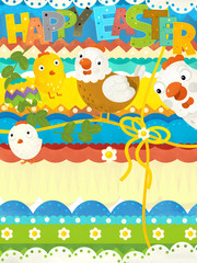 cartoon scene with easter scene with chickens and eggs - happy easter card - illustration for children