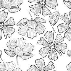 Graphic floral seamless pattern. Vector natural decorations. Wedding style. Coloring book page design for adults and kids